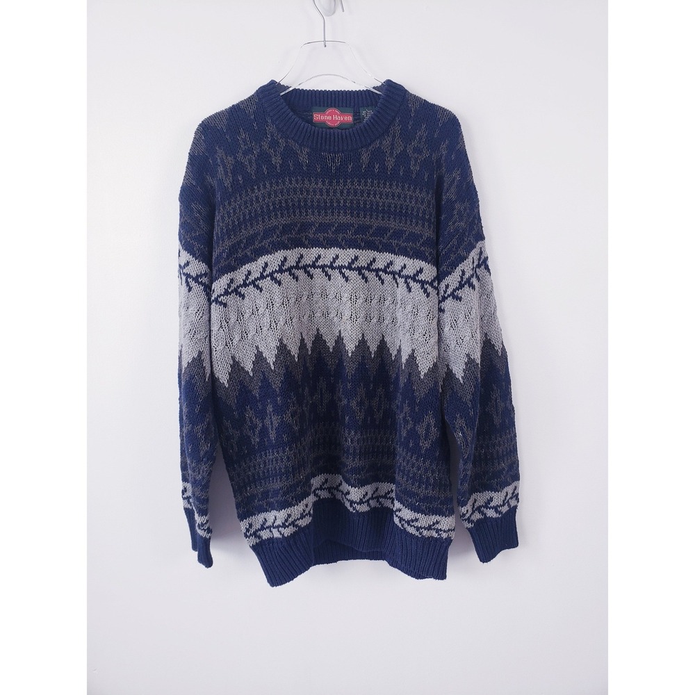 Vintage 90s Stone Haven Sweater Blue Gray‎ Fair Isle Geometric Knit Mens Large